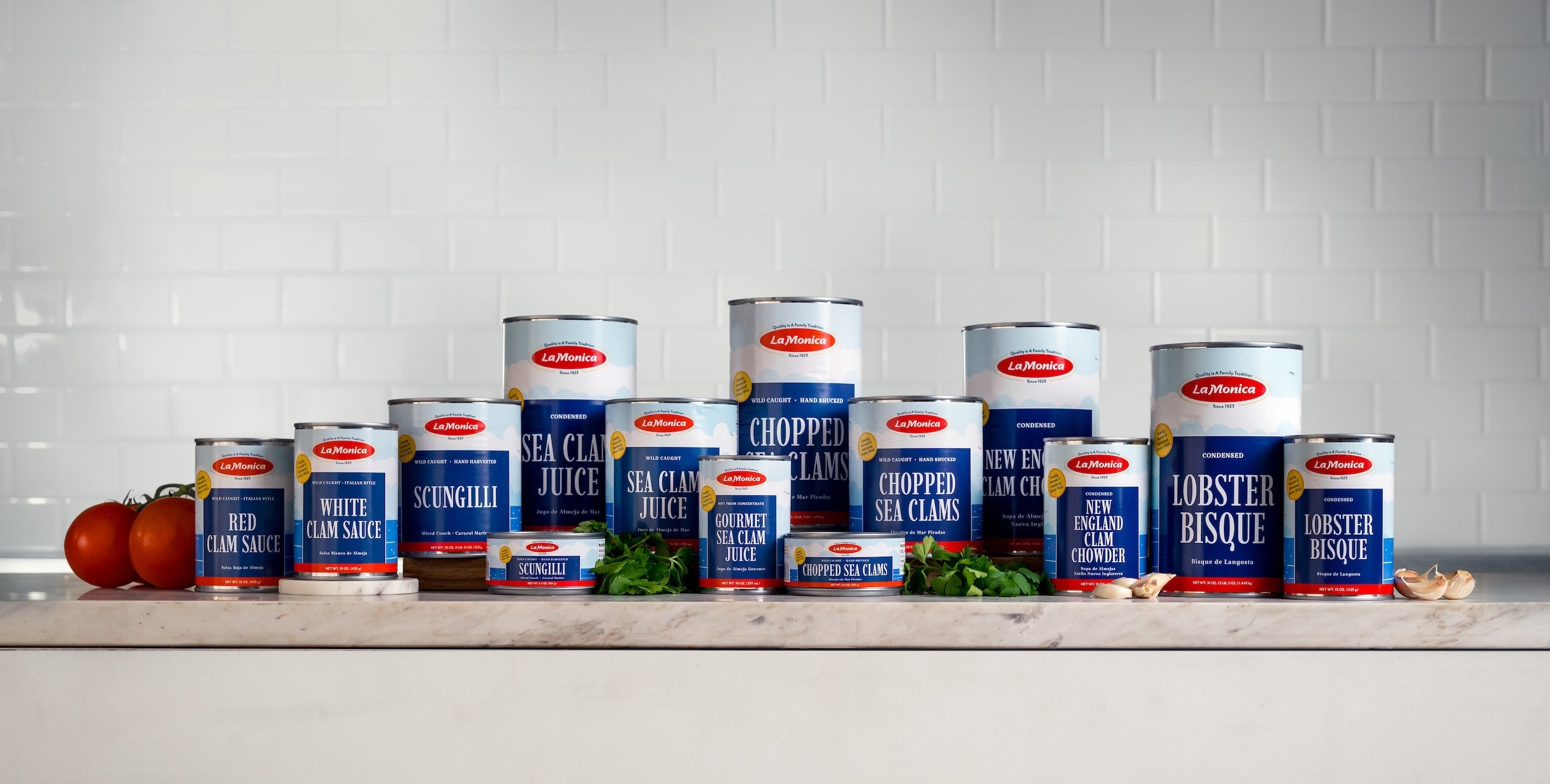 Assorted LaMonica products against a white tile background