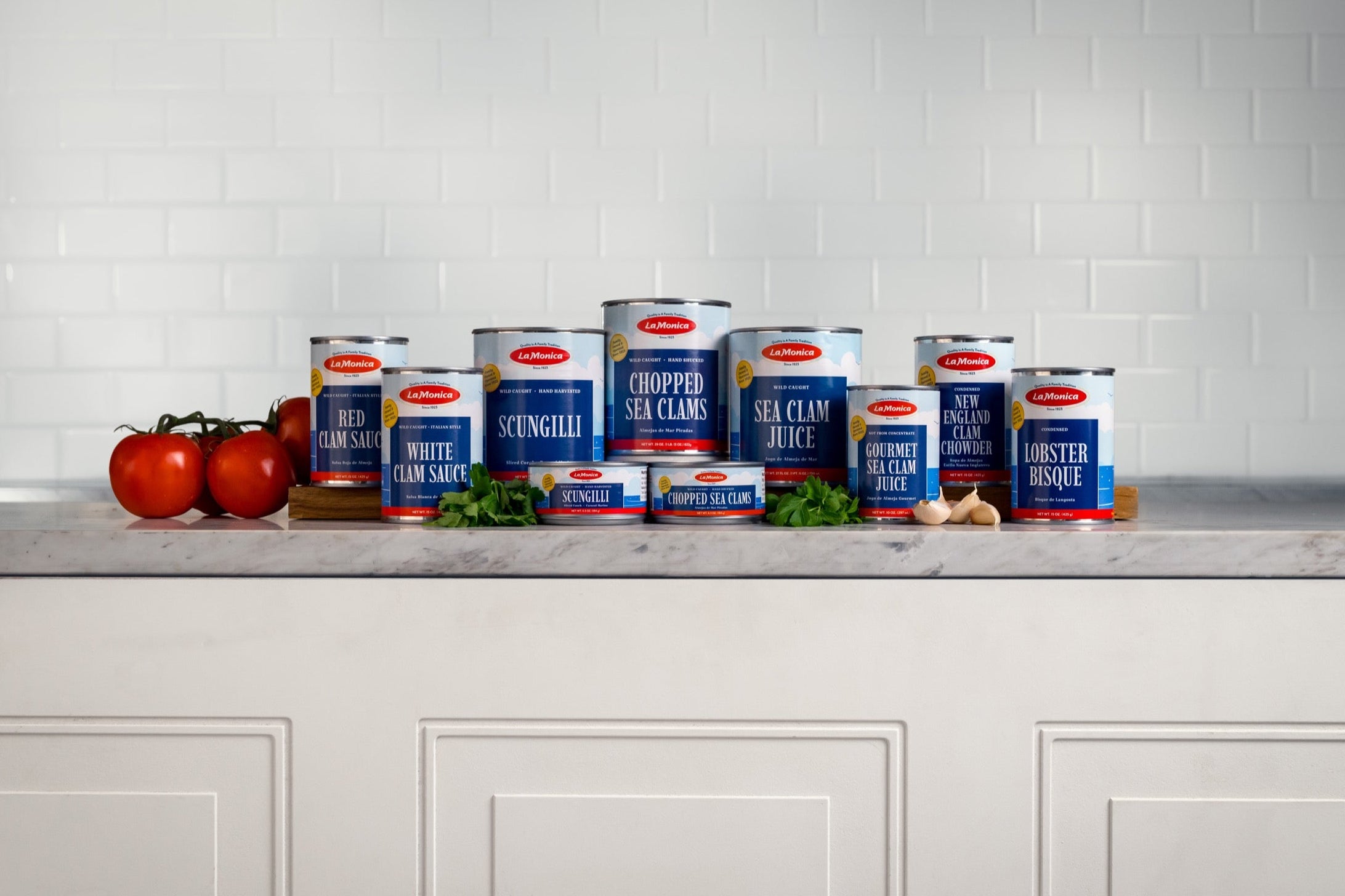 LaMonica product lineup on white tile background