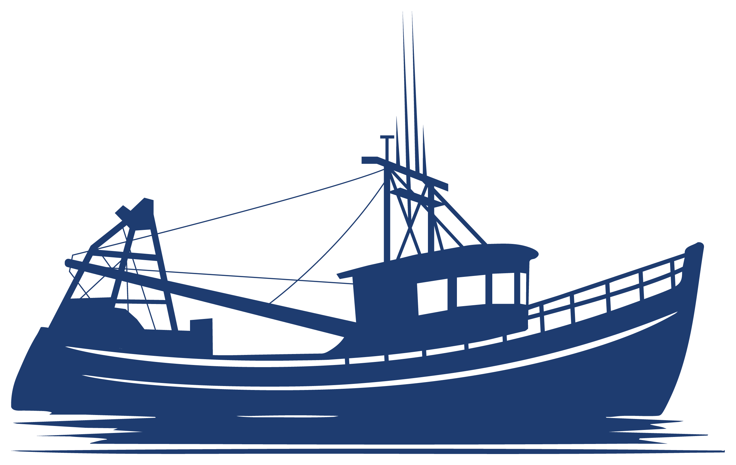 Blue silhouette graphic of a fishing boat